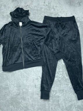 Felina Velvet Hooded Tracksuit Set M/M Black Polyester/Spandex d0787